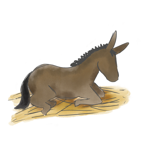 An illustration of a brown donkey lying down on hay