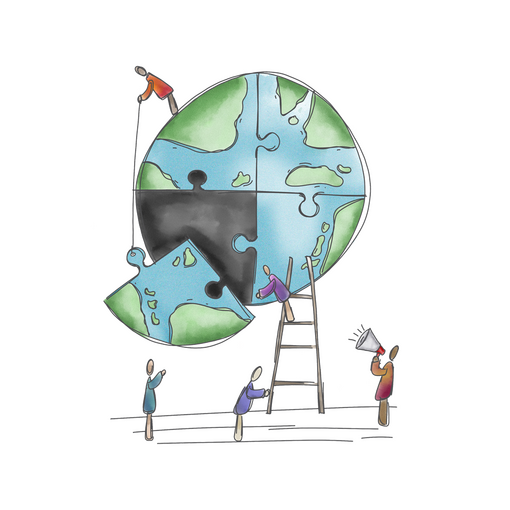An illustration of globe split into four puzzles pieces with the bottom right piece being put into place by small people