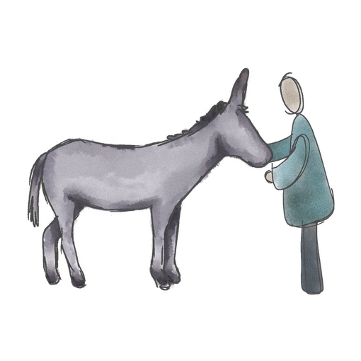 Un'illustrazione di una persona che tiene la faccia di un asino grigio.